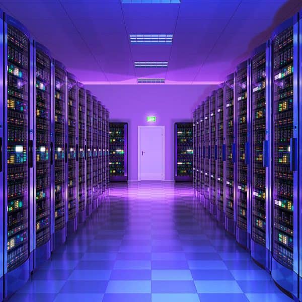 Modern web network and internet telecommunication technology, big data storage and cloud computing computer service business concept: 3D render illustration of the server room interior in datacenter in blue light